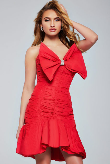 Model wearing Jovani 39091 red cocktail dress showing front view with halter neckline and bow detail.