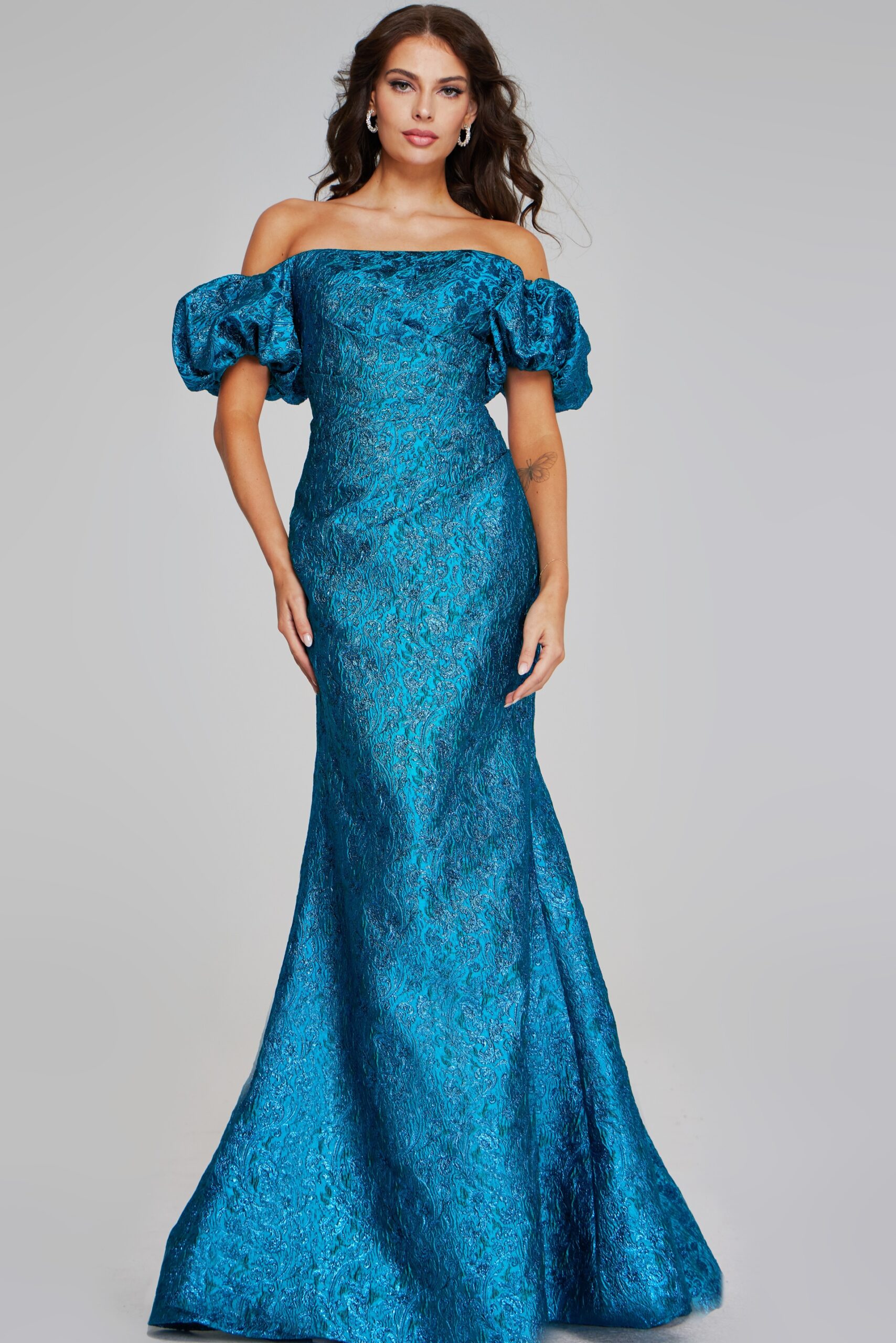 Stunning Off-the-Shoulder Teal Gown with Puff Sleeves 39113
