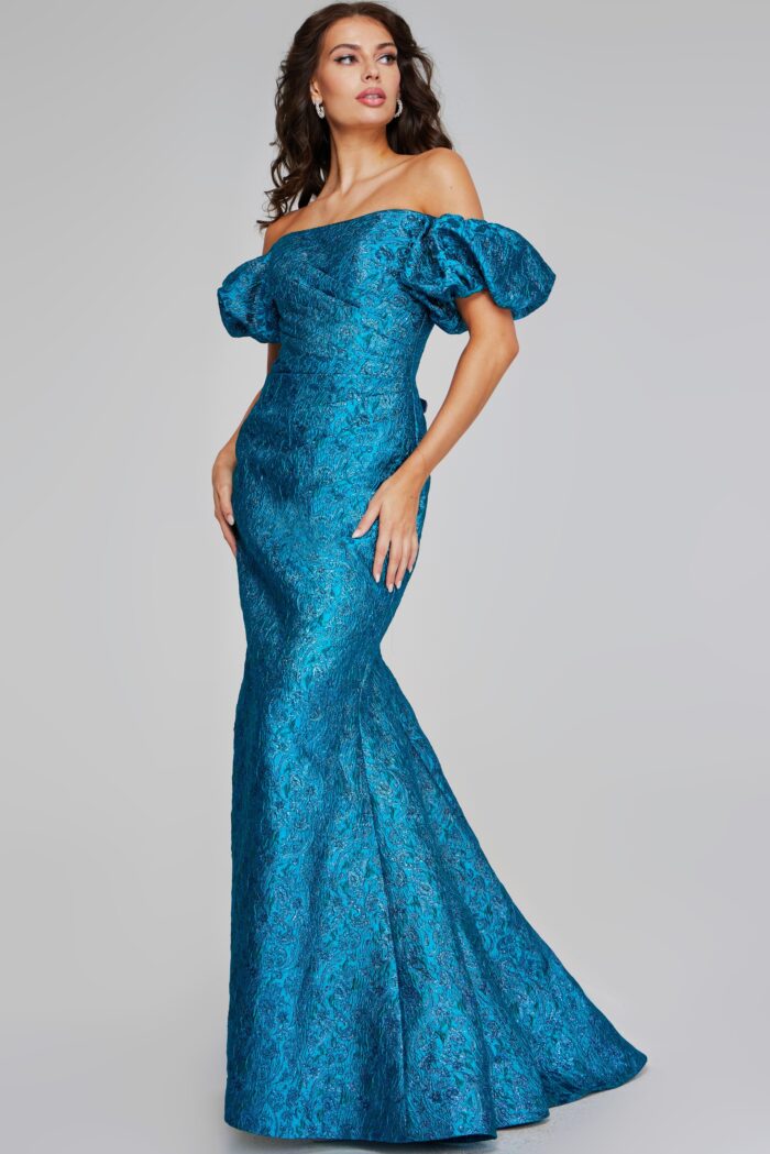 Model wearing Stunning Off-the-Shoulder Teal Gown with Puff Sleeves 39113