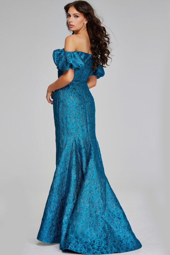 Model wearing Stunning Off-the-Shoulder Teal Gown with Puff Sleeves 39113