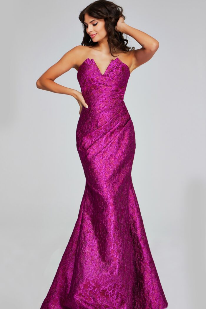 Model wearing Vibrant Fuchsia Strapless Gown 39114