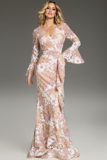 Model wearing Jovani 39118 nude gown with V-neck and floral embroidery, front view.