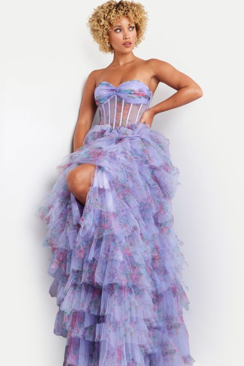 Model wearing Lilac Print Corset Bodice Gown 39149