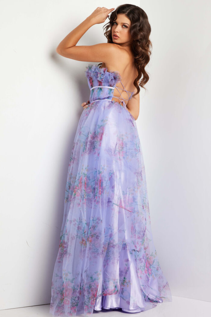 Model wearing Lilac Print Strapless A Line Gown 39151