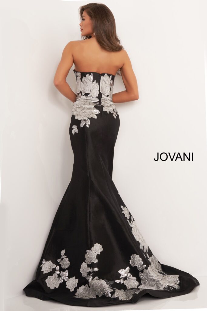 Jovani 3917 Black Silver Floral Mermaid Evening Dress