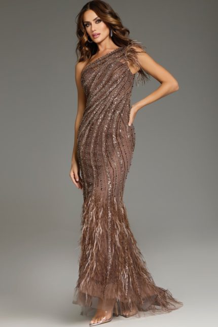 Model wearing Jovani 39170 brown gown with one-shoulder neckline, showing elegant front design.