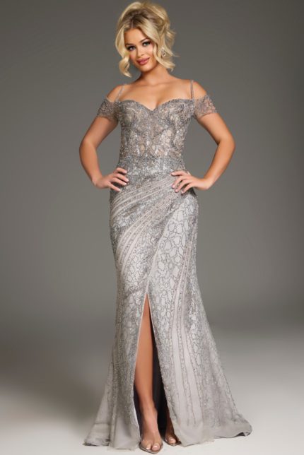 Model wearing Jovani 39175 silver dress from the front, showcasing a sweetheart neckline and embellished bodice.