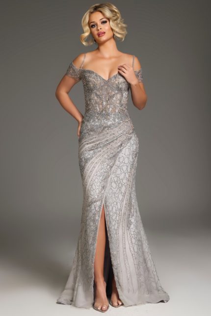 Model wearing Jovani 39175 silver floor-length dress with off-the-shoulder sleeves and a high slit, viewed from the front.