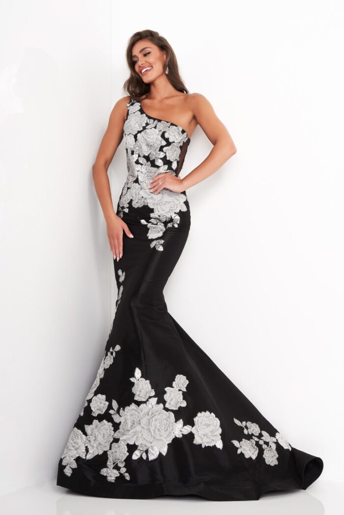 Model wearing Jovani 3918 Black Silver Floral One Shoulder Evening Dress