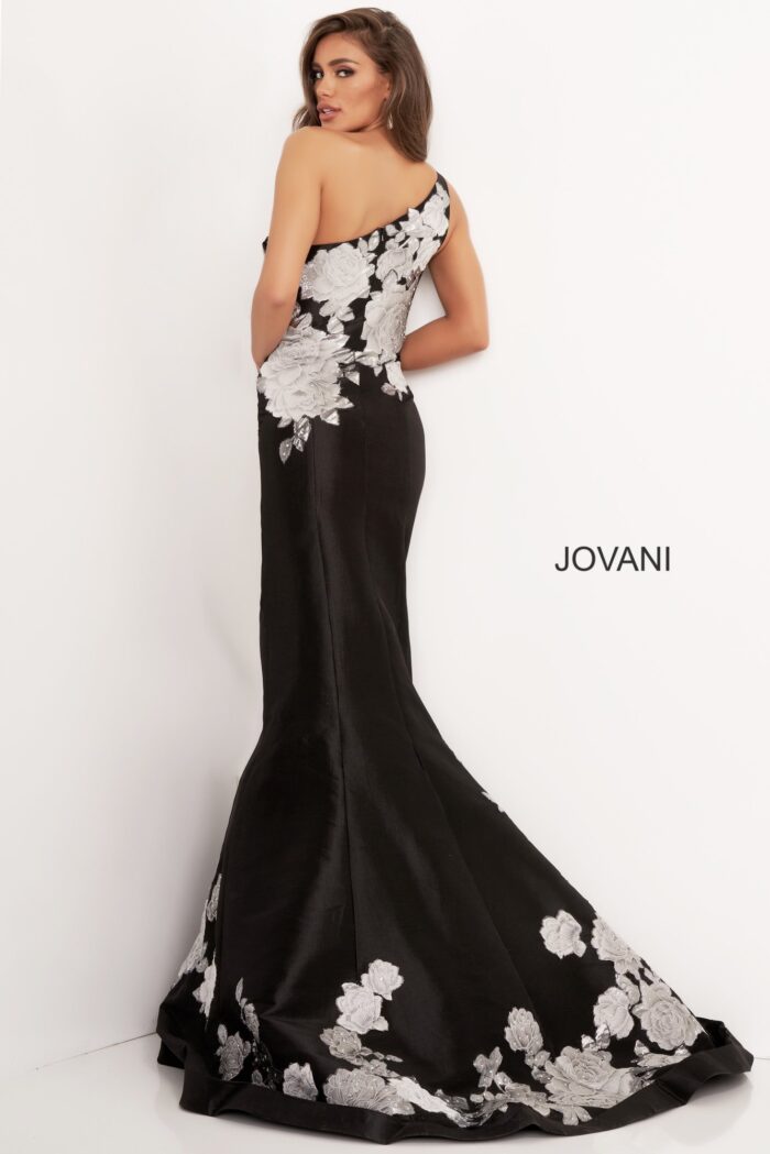 Model wearing Jovani 3918 Black Silver Floral One Shoulder Evening Dress