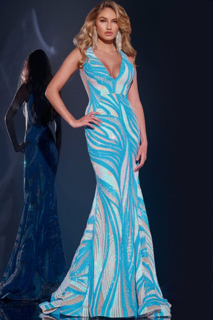 Model wearing Jovani 39232 stunning mermaid gown with blue patterns, front view.