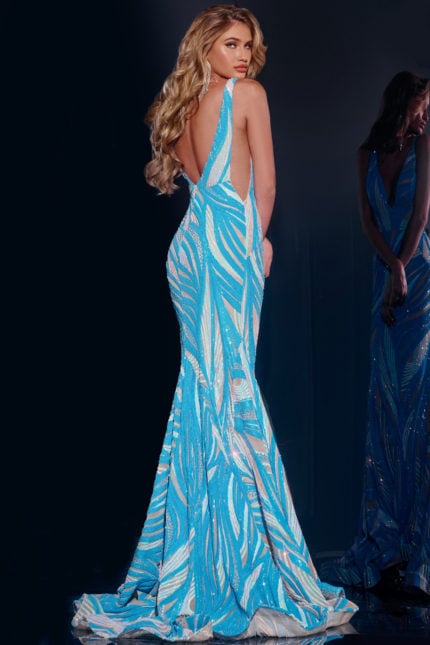 Model wearing Jovani 39232 elegant mermaid gown showcasing back view in blue.