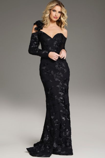 Model wearing Jovani 39266 elegant black off-the-shoulder gown with floral details, front view.