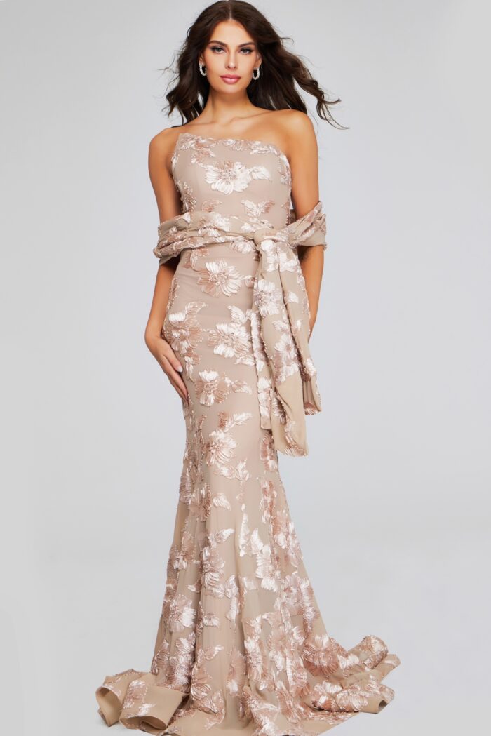 Model wearing One-Shoulder Floral Appliqué Evening Gown 39267