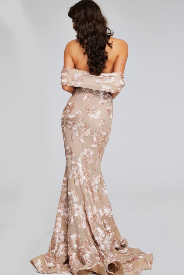 Model wearing One-Shoulder Floral Appliqué Evening Gown 39267