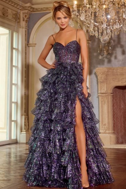 Model wearing Jovani 39305 front view with sweetheart neckline and ruffled skirt.