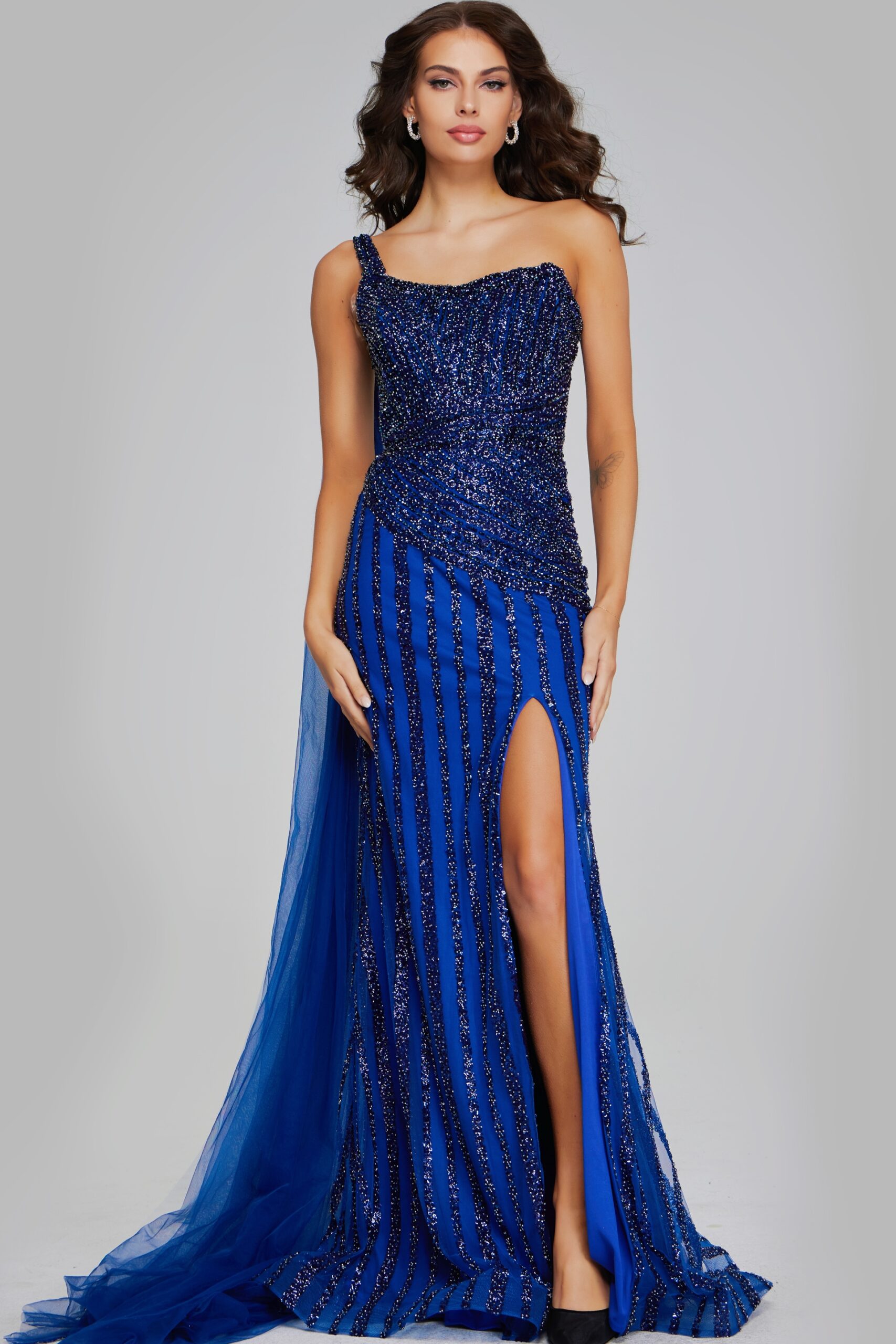 One-Shoulder Navy Gown with Beaded Details and Slit 39386
