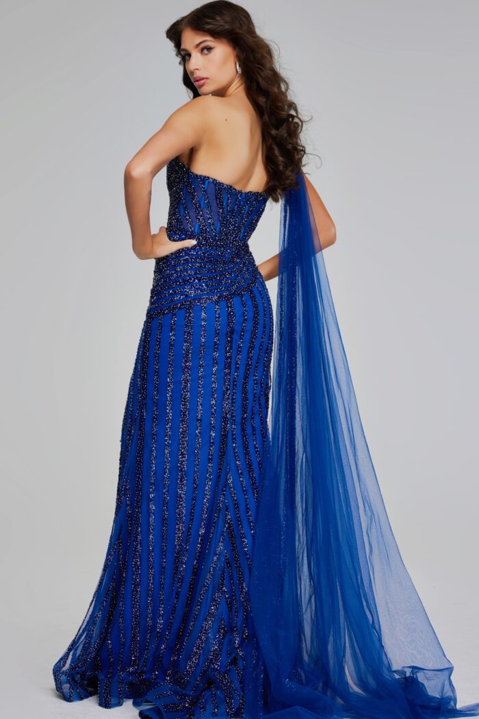 Model wearing One-Shoulder Navy Gown with Beaded Details and Slit 39386