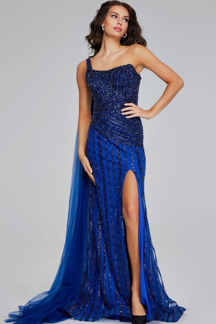 Model wearing One-Shoulder Navy Gown with Beaded Details and Slit 39386