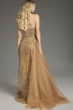 back view of model in brown gown 39387 with sequin design