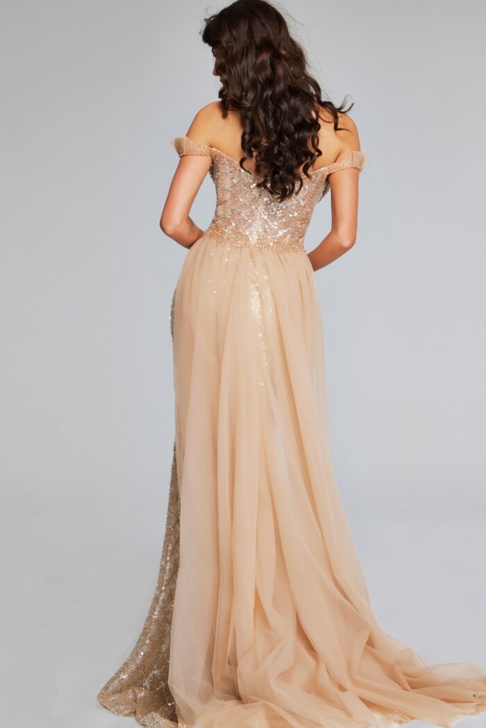 Model wearing Gold Off-Shoulder Sequin Gown 39389