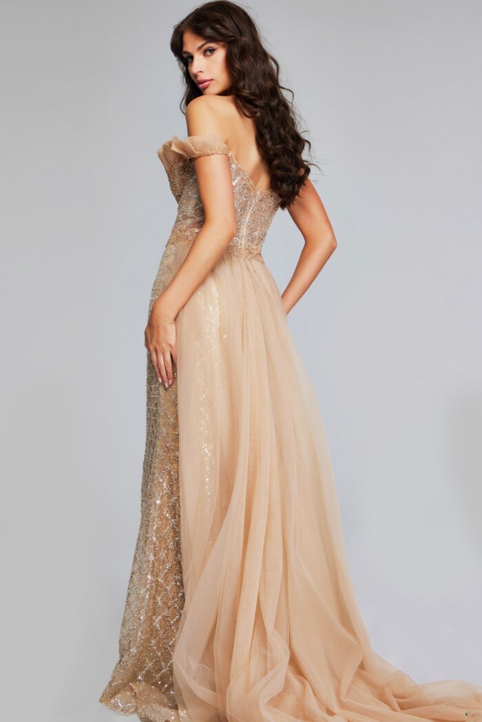 Model wearing Gold Off-Shoulder Sequin Gown 39389