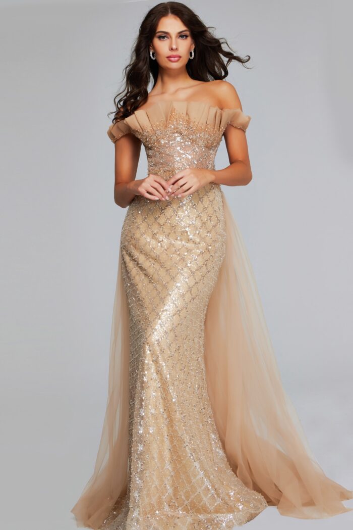 Model wearing Gold Off-Shoulder Sequin Gown 39389