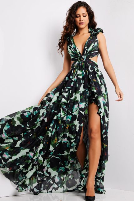 Model wearing Jovani 39420 multi-color floral dress full length front view