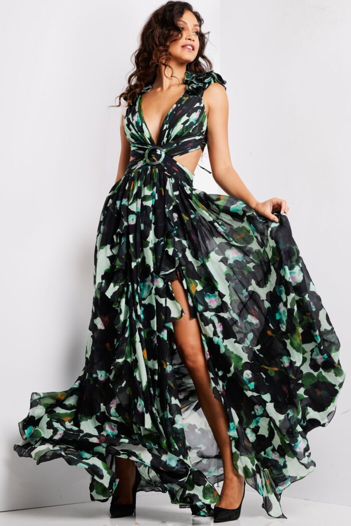 Model wearing Multi Color Cut Out Long Dress 39420