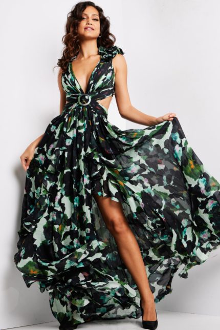 Model wearing Jovani 39420 floral dress front view