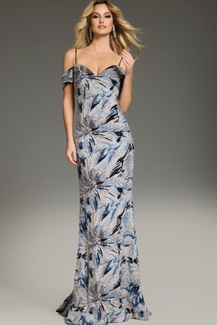 model wearing Jovani 39425 full-length gown with floral pattern in silver