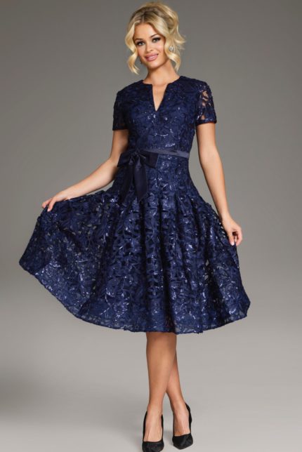 model wearing Jovani 39427 navy dress front view