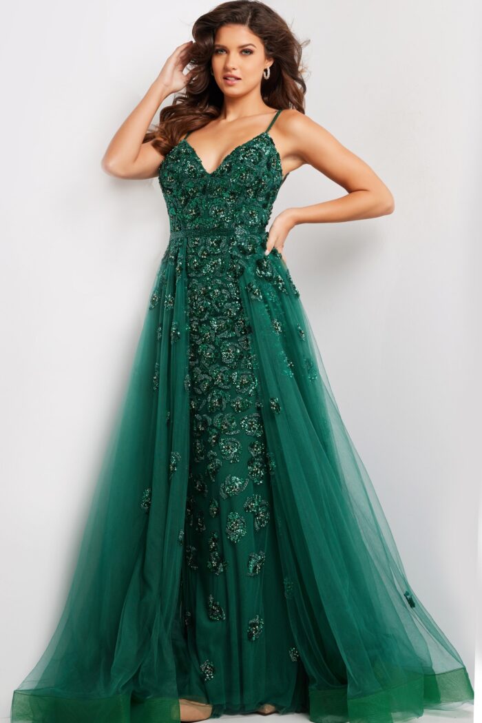 Model wearing Emerald Spaghetti Strap Embellished Dress 39434