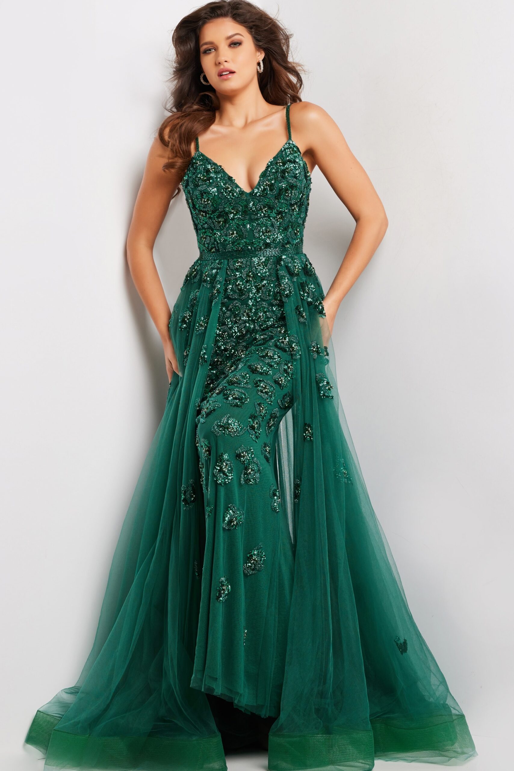 Emerald Spaghetti Strap Embellished Dress 39434