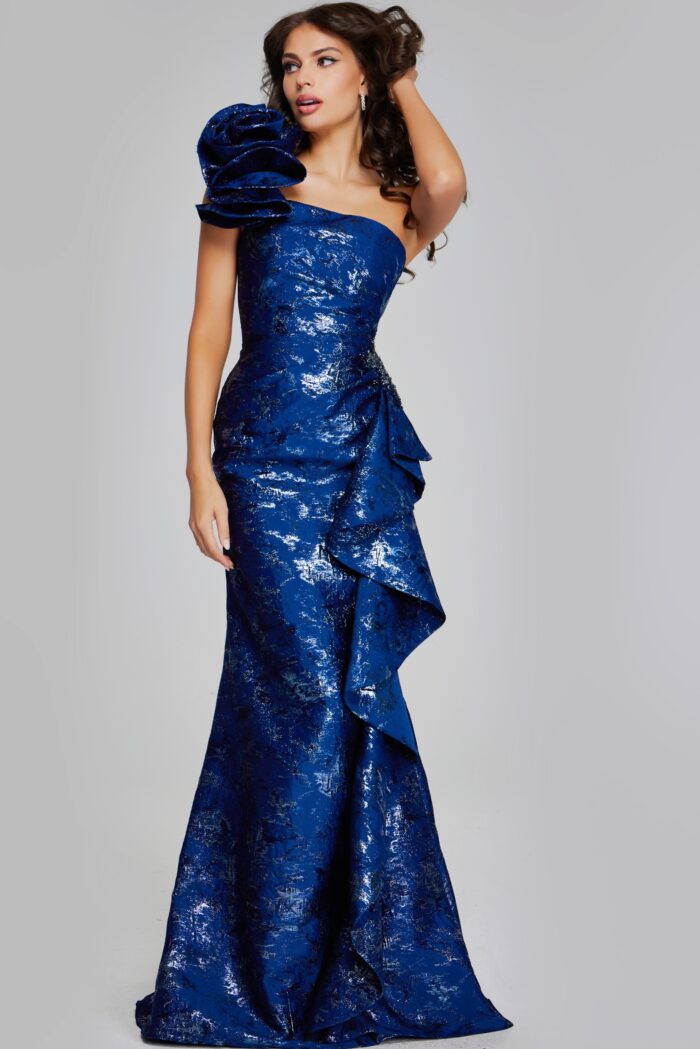 Model wearing Stunning One-Shoulder Navy Gown with Elegant Rose Detail 39438