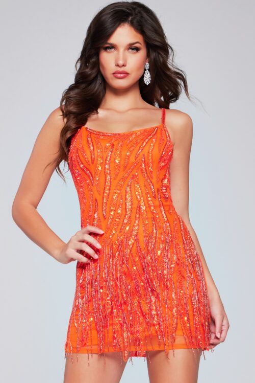 Model wearing Orange Sequin Fringe Dress 39628