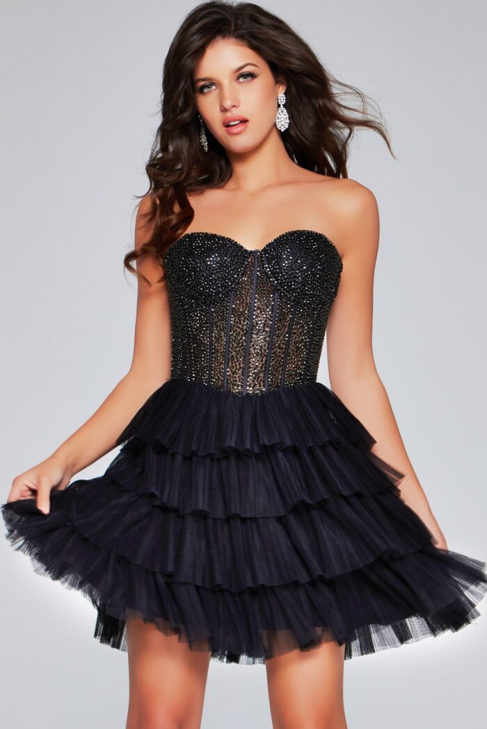 Model wearing Strapless Corset Bodice Black Short Dress 39629