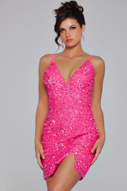 model wearing pink Jovani 39630 cocktail dress with V-neckline and sequins