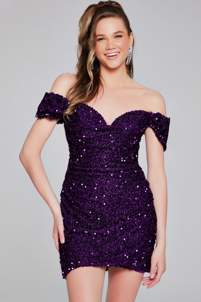 Model wearing Purple Sequin Fitted Bodice Dress 39631