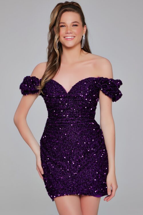 Model wearing Purple Sequin Fitted Bodice Dress 39631
