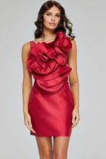 Full view of model wearing Jovani 39639 red dress with floral appliqué.