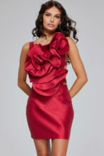 Model wearing Jovani 39639 red dress with floral detail, close-up front view.