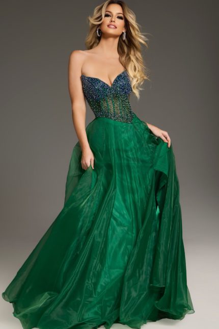 Model wearing Jovani 39650 green dress with sweetheart neckline and beaded bodice, front view.