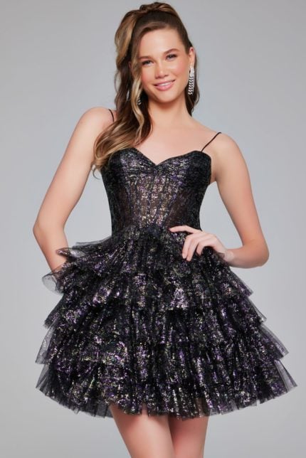 Close-up of model in Jovani 39654 black dress highlighting sweetheart neckline.