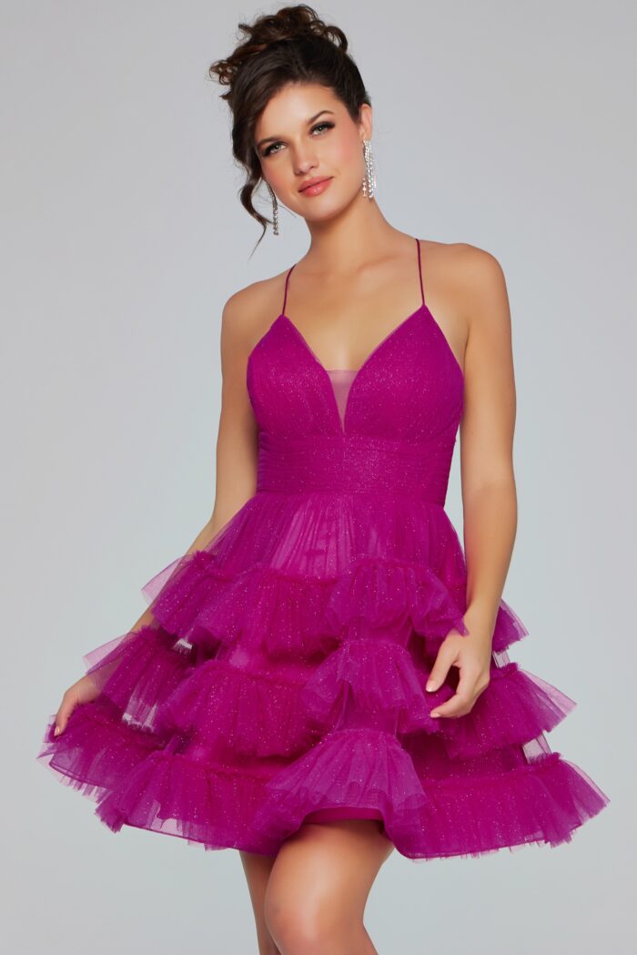 Model wearing Fuchsia Fit and Flare Short Open Back Dress 39655