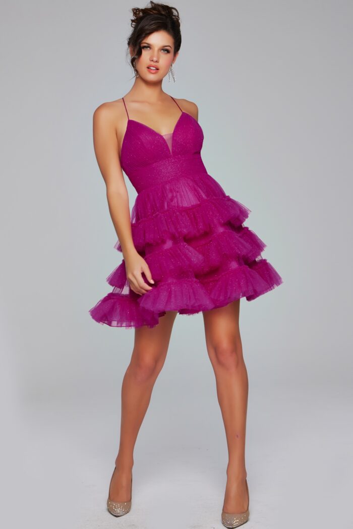 Model wearing Fuchsia Fit and Flare Short Open Back Dress 39655