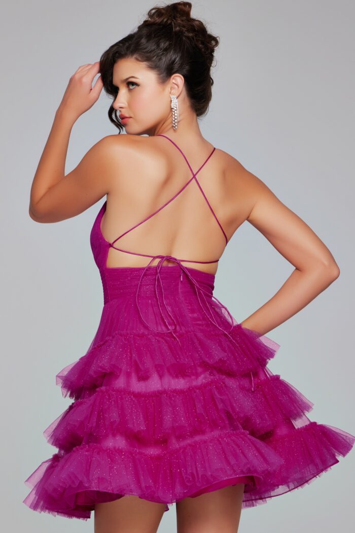 Model wearing Fuchsia Fit and Flare Short Open Back Dress 39655