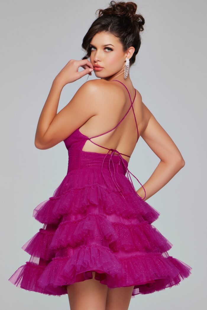 Model wearing Fuchsia Fit and Flare Short Open Back Dress 39655