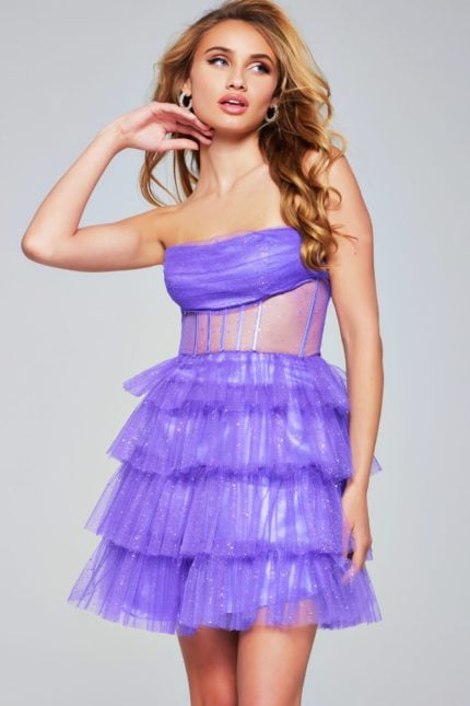 Model wearing Jovani 39666 purple dress, front view.