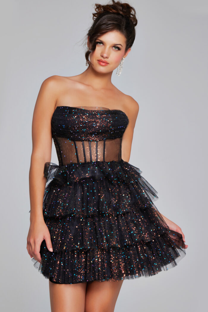 Model wearing Black Embellished Corset Dress 39666